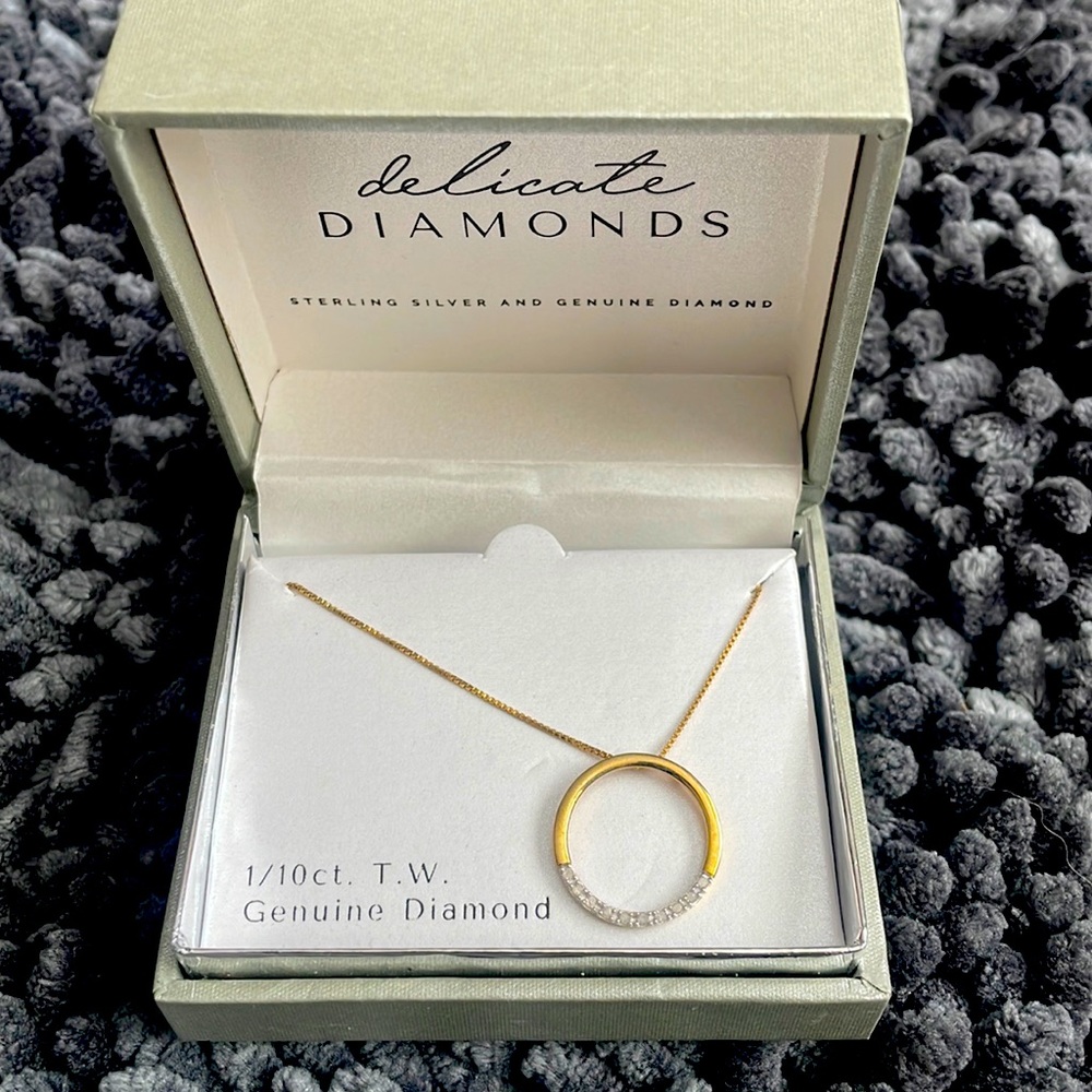 NWT Delicate Diamonds sterling silver w/ gold plating and diamond round pendant